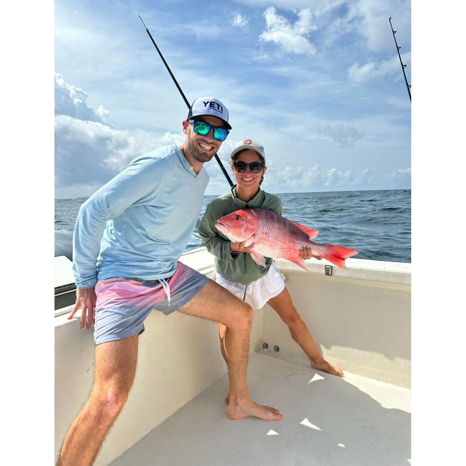 Offshore fishing for Will's birthday in July 2022. Our good friends and local experts, Caroline and Robbie, showed us the ropes for this first fishing experience!
