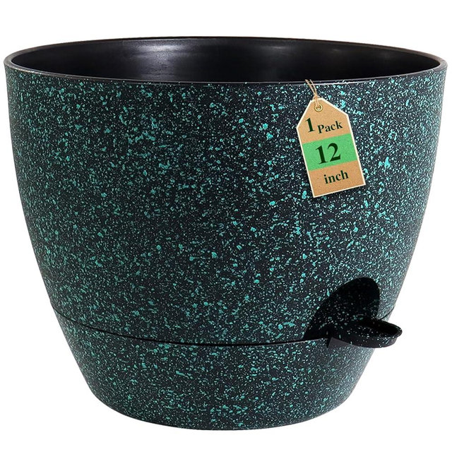 WSMKSZ 12 inch Large Self Watering Pots, Planter, Plant Pots with Mesh Drainage Holes for Indoor Outdoor House Plants and Garden, Plastic Flower Pots with Reservoir, Black with Green Speckles