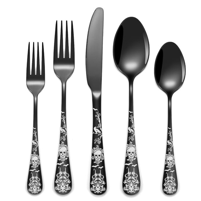 40-Piece Black Skull Silverware Set for 8, Flatware Set Stainless Steel Spoons,Forks,Knife Pattern Unique Design Utensil Sets Tableware Cutlery, Mirror Polished, Dishwasher Safe