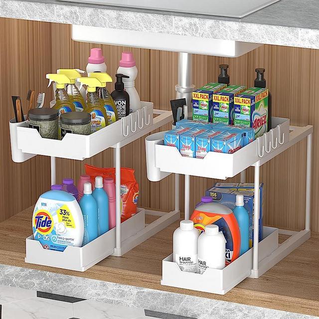 2 Pack Under Sink Organizers and Storage 2-Tier Double Sliding Pull-out Drawer, SDXYSTCE Multi-purpose Under Sink Organizer for Kitchen and Bathroom with 4 Hooks, 2 Hanging Cup,White