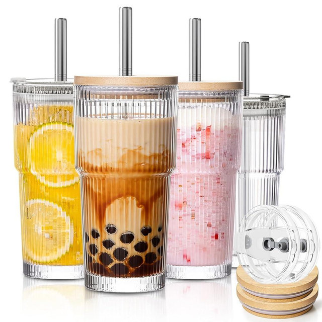 KEMORELA 20oz Ribbed Glass Tumblers with Bamboo & 2 in 1 Leak-proof Lids, Extra-Wide 13mm Reusable Stainless Steel Straws, 4Pcs Vintage Drinking Glasses for Boba, Iced Coffee,Smoothies,Travel Cups