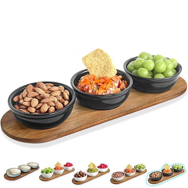 Artena 12 oz Solid Ceramic Chip and Dip Serving Set with Acacia Wooden Tray, 5-inch Black Dipping Bowls, Small Serving Bowls for Side Dishes, Salsa, Appetizer, Serving Dishes for Entertaining