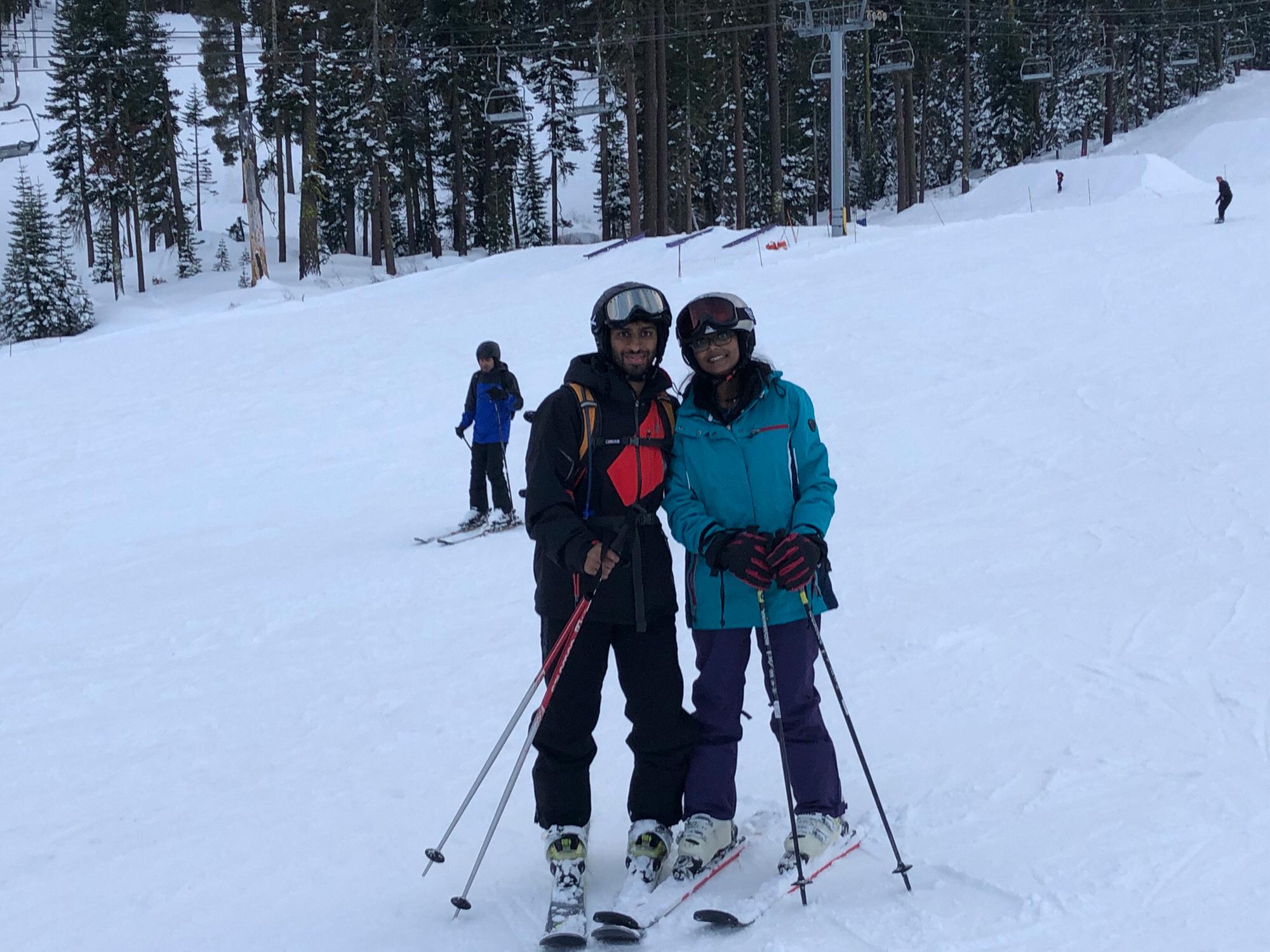 (Winter 2019) Avi and Kinjal go skiing at Tahoe. This was Kinjal's first time skiing!