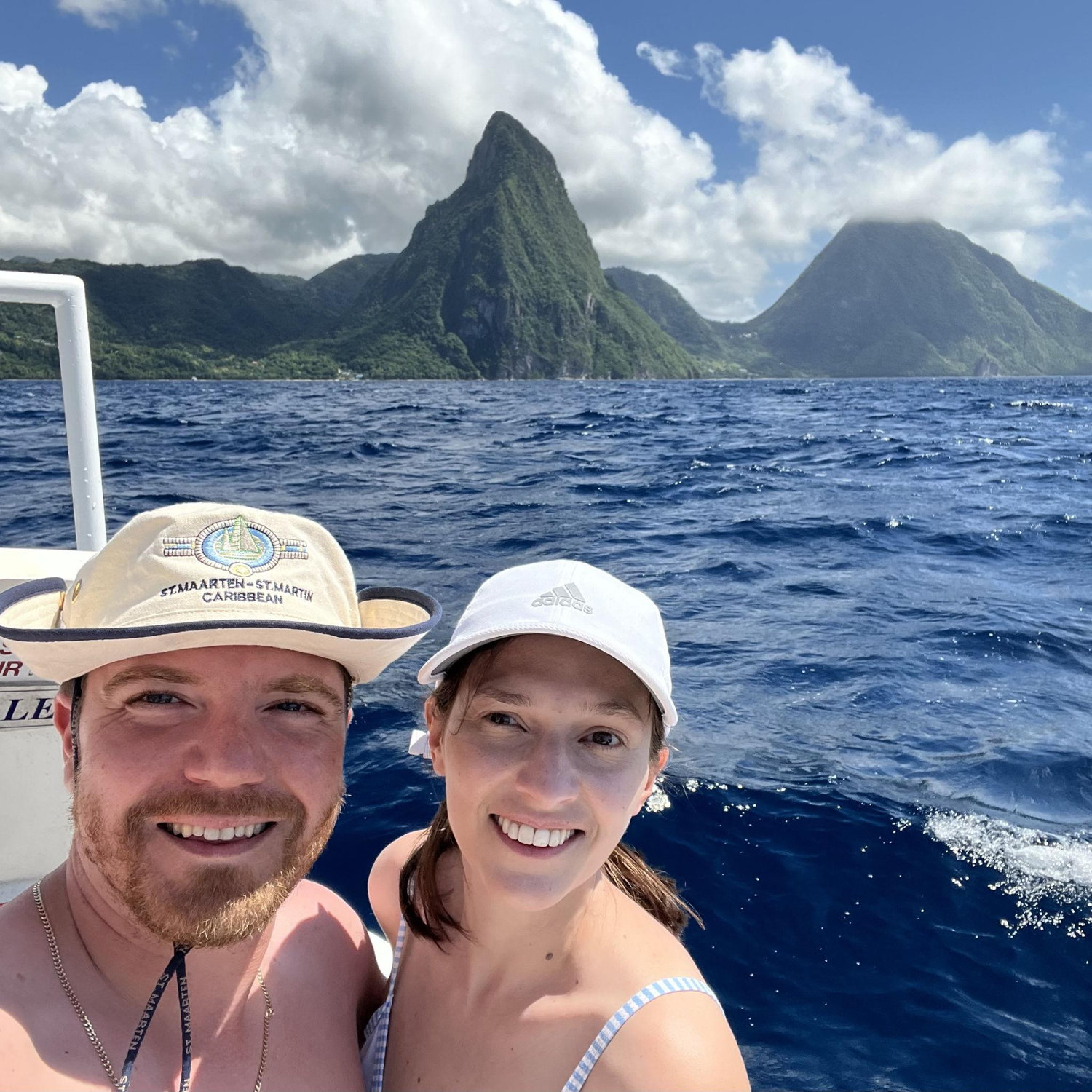 Enjoying the Pitons from a catamaran in St. Lucia.