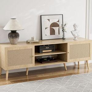 TV Stand for TVs up to 65'', Entertainment Center With Rattan Door, Shelves & 2 Cabinets, Long Boho Media Console for Living Room, Natural