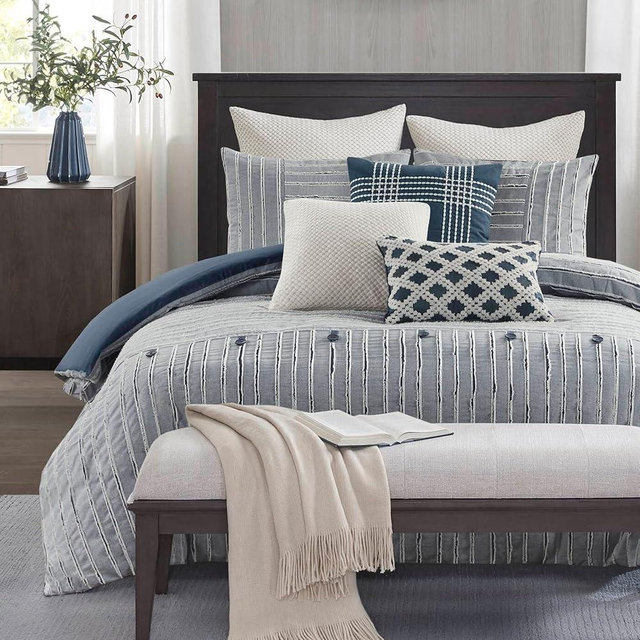 Madison Park Comforter Cotton Clipped Jacquard, Oversized Comforters King Size Bed, All Season Down Alternative Overfilled King Size Comforter, Essence, King/Cal King, Blue 9 Piece
