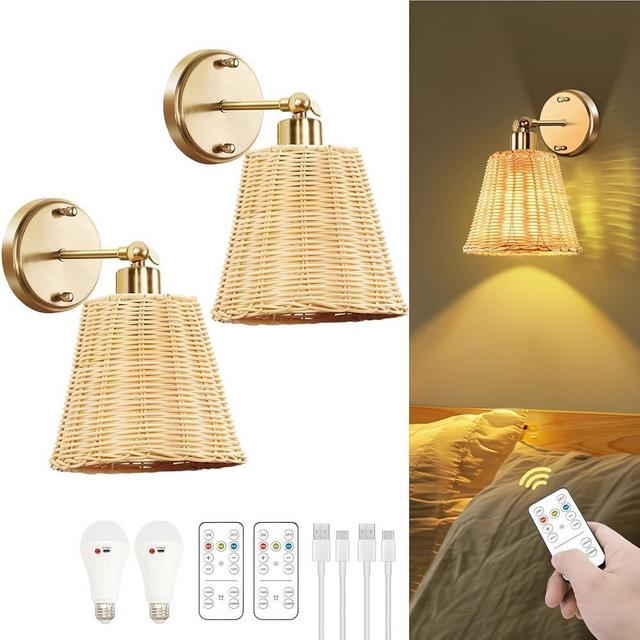 Frideko Rattan Rechargeable Battery Operated Wall Sconces Set of Two with Remote, 3 Colors Dimmable Wireless Wall Light, 5200mAh Indoor Wall Lamp with 4 Timer, Boho Sconces Wall Lighting for Bedroom