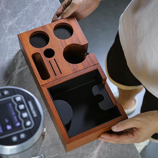 KNODOS Rosewood Espresso Workstation – Wooden Tamping Station Organizer 54mm & Coffee Knock Box Kit | Barista Tool Holder & Coffee Puck Disposal Bin for Breville Machines