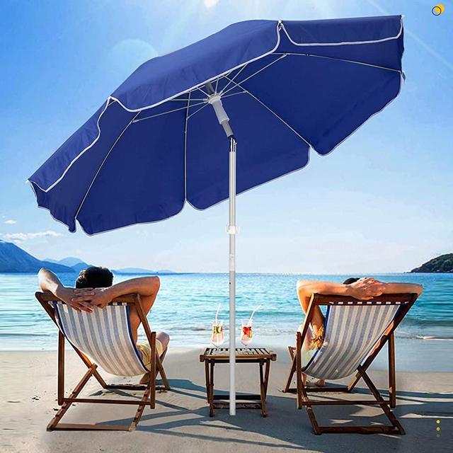 SERWALL 7.5FT Beach Umbrella UV 50+ Outdoor Portable Sunshade Umbrella with Sand Anchor, Push Button Tilt and Carry Bag for Patio Outdoor Garden Beach (Royal Blue)