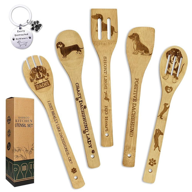 Dachshund Gifts for Women 6PCS Unique Dachshund Print Wooden Spoons Gifts Set with Keychain, Dachshund Decor Weiner Gog Gifts for Women Mom Bestie Teacher