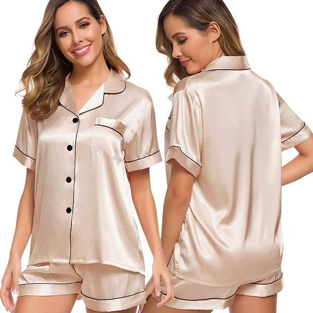 LYANER Women's Striped Silky Satin Pajamas Short Sleeve Top with Shorts  Sleepwear PJ Set