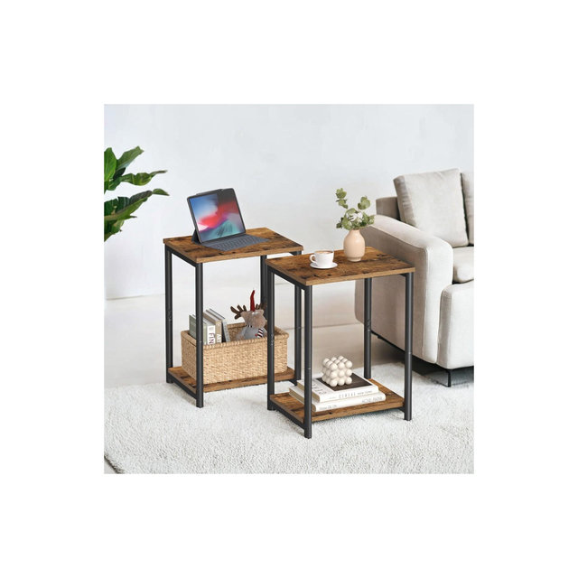 Set of 2 Side Tables, Small End Table, Nightstand for Bedroom, Living Room, Office, Bathroom Rustic Brown and Black