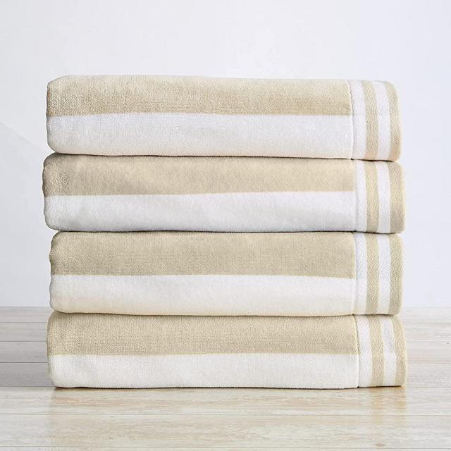 Four-Pack 100% Cotton Cabana Stripe Velour Beach Towel. Edgartown Collection (Linen)