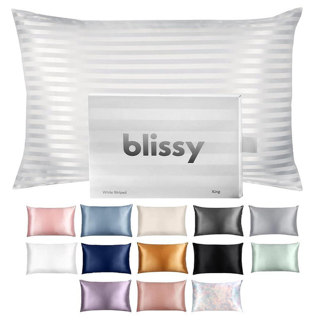 Blissy Silk Pillowcase - 100% Pure Mulberry Silk - 22 Momme 6A High-Grade Fibers - Silk Pillow Cover for Hair & Skin - Regular, Queen & King (White Striped, Queen)