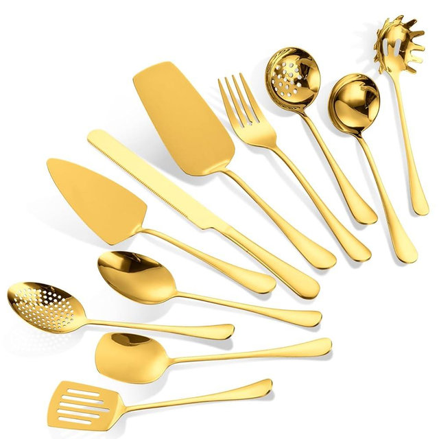 OIULO Gold Stainless Steel Kitchen Utensils Set 11 Pcs Cooking Utensils Hostess Serving Heat Resistant Kitchen Essentials Metal Kitchen Gadgets Accessories,for Buffet,Wedding,Party Dishwasher Safe
