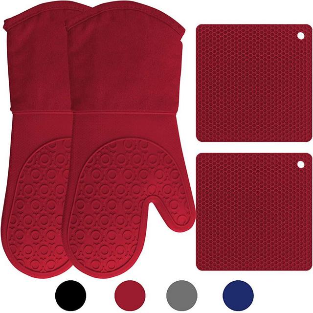 HOMWE Silicone Oven Mitts and Pot Holders, 4-Piece Set, Heavy Duty Cooking Gloves, Kitchen Counter Safe Trivet Mats, Advanced Heat Resistance, Non-Slip Textured Grip, Empire Red