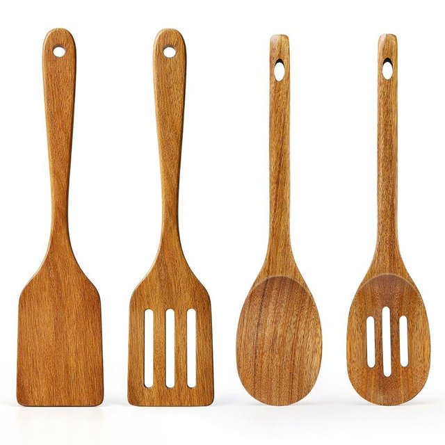 Acacia Wood Kitchen Utensils Set Non Toxic Wooden Spoons for Cooking Spatula Cooking Utensil Serving Slotted Spoon Ladle Kitchen Tool Flat Wood Spatula Turner Kitchen Spoons Wooden Utensils