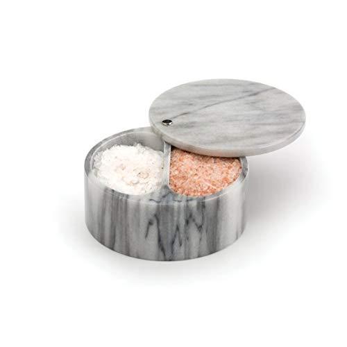 RSVP International (SBX-W) Dual Compartment Box | Chic & Modern Herb Container | 10 Ounces Total | Swivel Top Protects Salts | Beautiful, Solid Marble, 5", White