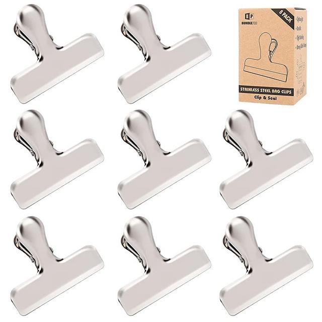 Pack of 8 Matte Silver Bag Clips, Stainless Steel and Heavy Duty Metal Bag Clip,Tightly Seals Chip, Coffee, Bread or Cereal Bags to Keep Food Fresh, for Home, Kitchen, Office, Pantry, Camping