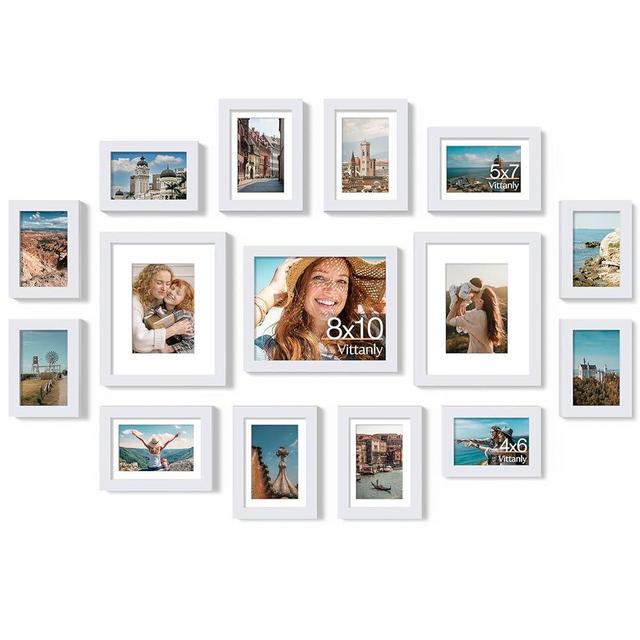 Vittanly 15 Pack Picture Frames Collage Wall Decor for Mounting or Tabletop Display, Gallery Frame Set for Family, Multi Sizes Including 3pcs 8x10, 6pcs 5x7, 6pcs 4x6, White