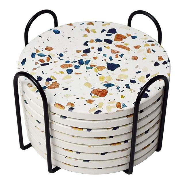 MYSIT Ceramic Coasters for Drinks Absorbent with Holder Set of 8, Funny Colorful Mosaic Terrazzo Coasters Sets for Wooden Table