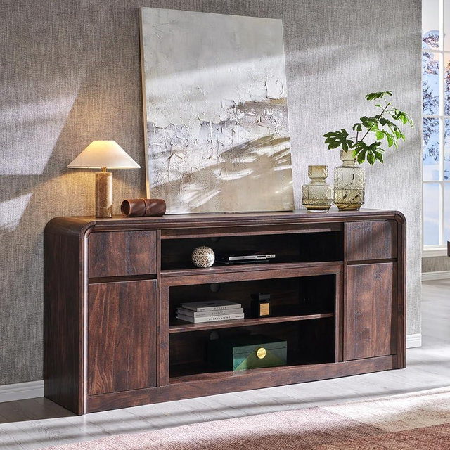 Modern TV Stand for 80 Inch TVs, 32"Tall Entertainment Center w/Storage Cabinet& drawers, Media Console Cabinet w/Soundbar & Adjustable Shelves for Living Room, Curved Profile Design, 70 inch (Brown)