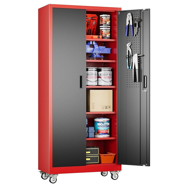 Aobabo Metal Garage Storage Cabinets with Wheels,Steel Cabinets with 5 Adjustable Shelves for Garage Home Office Storage, Red-Black,Assembly Required