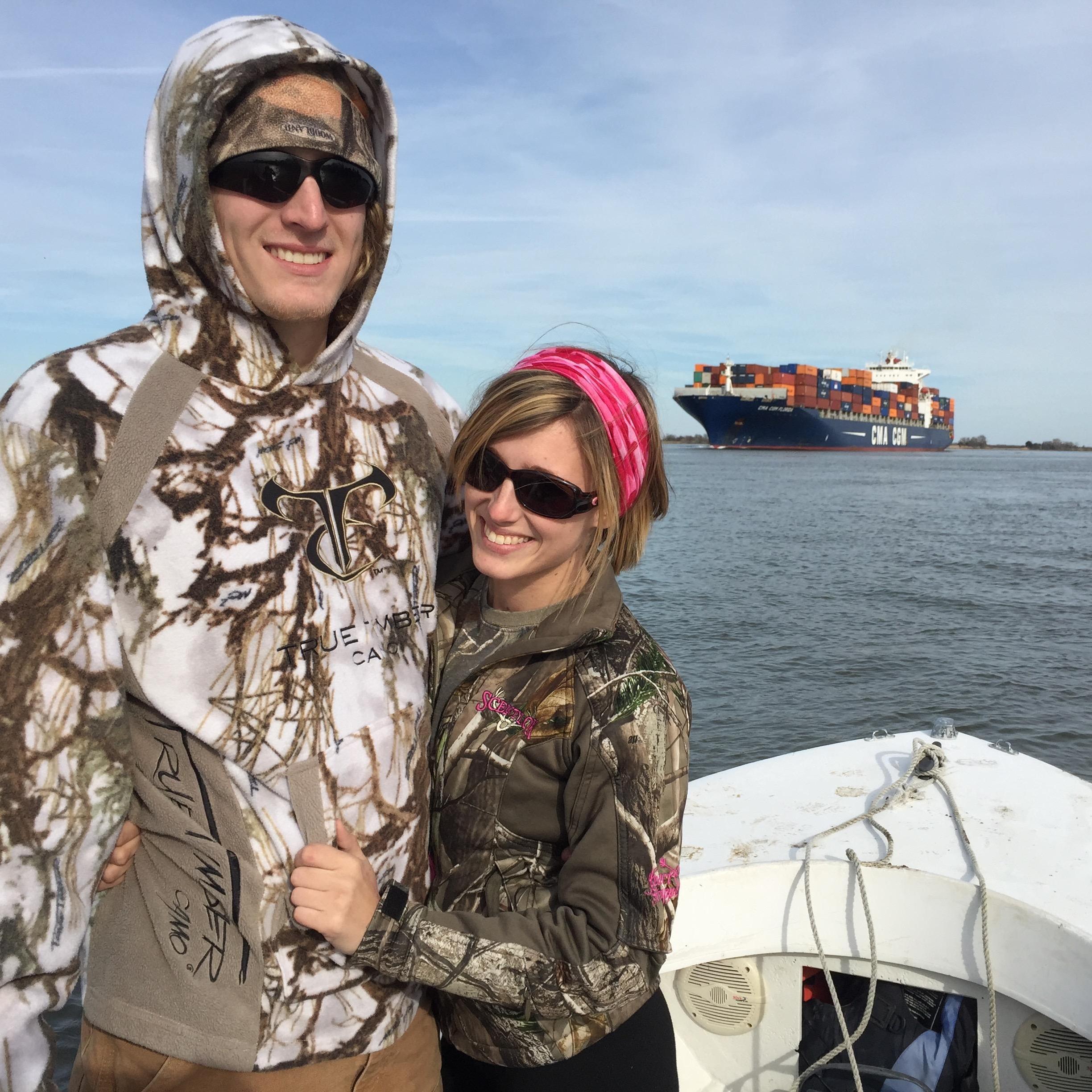 A cold boat day watching a ship pass by in Savannah, Ga. with Allison's dad.