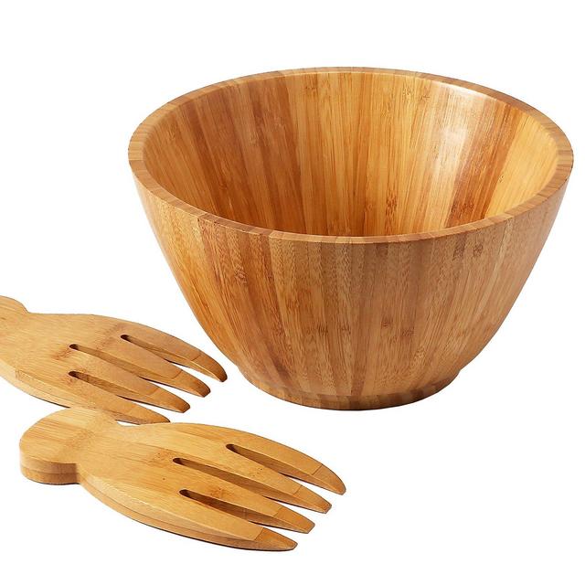 Large Salad Bowl Set with Hand Servers - Made of Bamboo Wood - Great for Serving Fruit, Salad, & Pasta - Tan, 10.3" x 6"