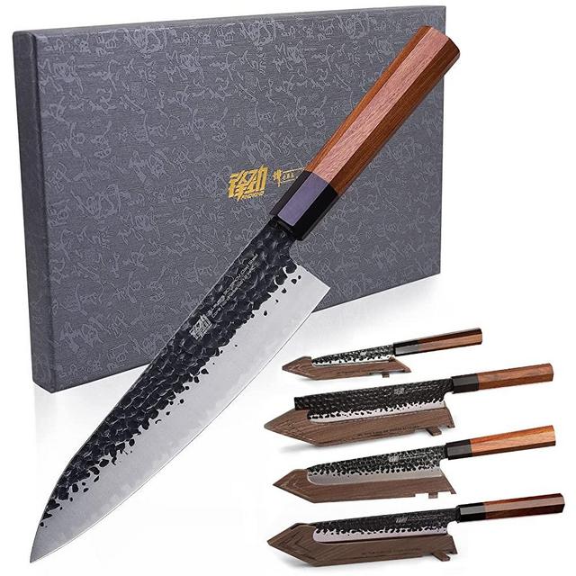 FINDKING Chefs Knives Set and Edge Guards, High Carbon Steel Kitchen Knives, Walnut Knife Holders, for Home Kitchen, Meat, Fruits, Vegetables, Dynasty Series, 8PCS