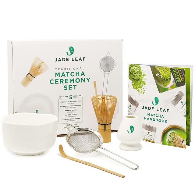 Jade Leaf - Complete Matcha Ceremony Set - Bamboo Matcha Whisk and Scoop, Stainless Steel Sifter, Stoneware Bowl & Whisk Holder, Prep Guide
