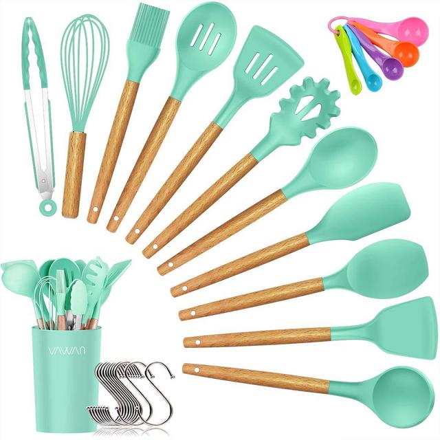VAWAN - Silicone Cooking Utensils Kitchen Utensil Set, Bamboo Wooden Handles Cooking Tools Turner Tongs Spatula Spoon for Nonstick Cookware - Best Kitchen Tools Gadgets (Green-12 PCS)
