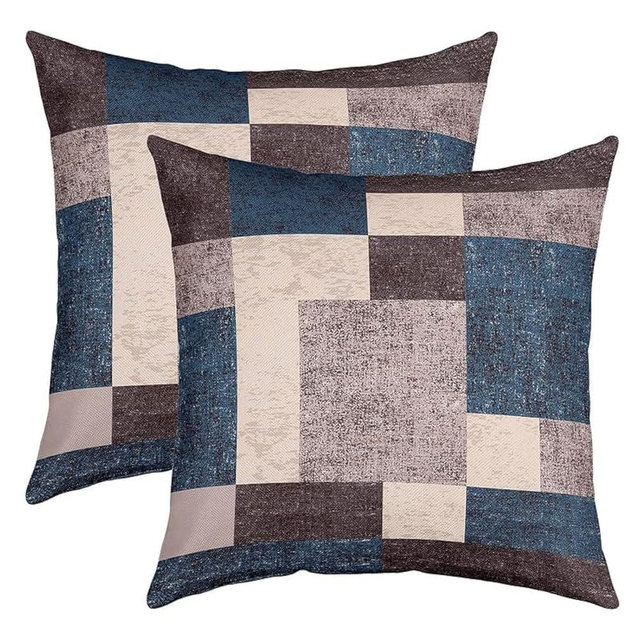 Feelyou Geometric Square Cushion Covers Set of 2 Buffalo Check Blue Grey Brown Reversible Throw Pillow Covers Geometric Pillow Covers Home Decor for Modern Art Vintage 18 x 18-Inch