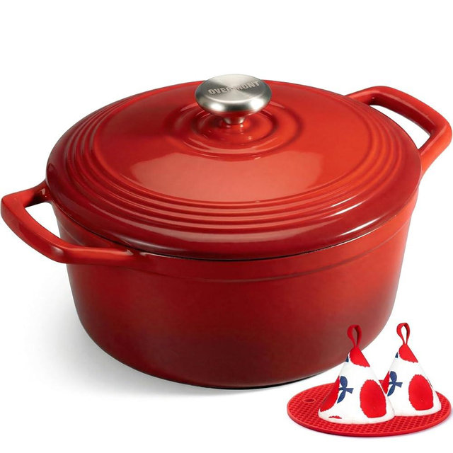 Overmont Refined Enameled Cast Iron Dutch Oven - 5.5QT Pot with Wide Handles Lid Cookbook & Cotton Potholders - Heavy-Duty Pre-Seasoned Cookware Oven Safe to 500°F for Braising, Stews, Roasting, Bread Baking