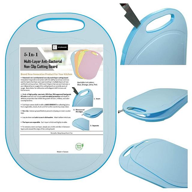 Kylermade (5 Layers) Multi-Layer Non-Slip Cutting Board, Innovative 5 layered construction, 5 Kitchen Chopping Boards for Price of 1, BPA Free, Non Porous, Dishwasher Safe, Juice Grooves (Blue)