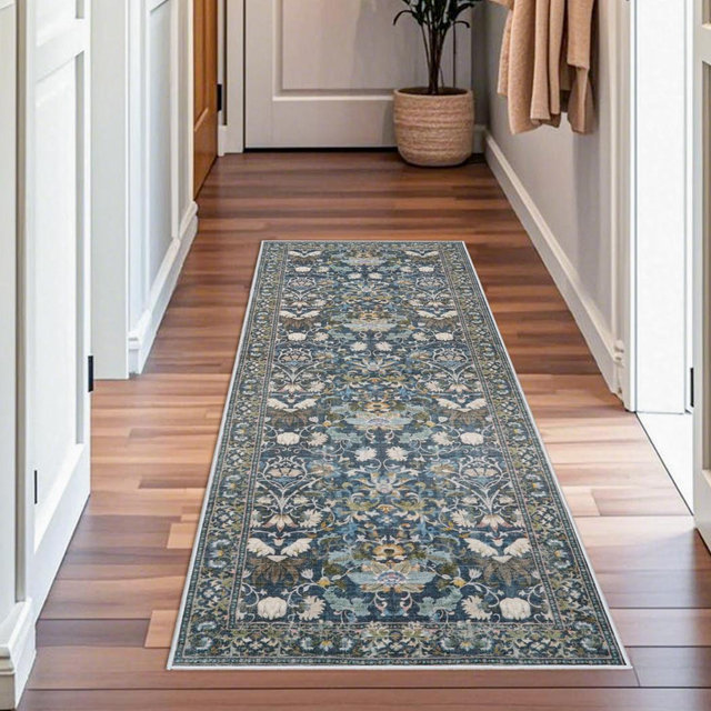 Washable Vintage 2x6 Bathroom Rugs: Soft Carpet with Non-Slip Backing for Hallway Entryway Kitchen Stain-Resistant Bedroom Floor Mat – Gifts for Newlyweds/Household Home Decor (2x6,Floral/Blue)
