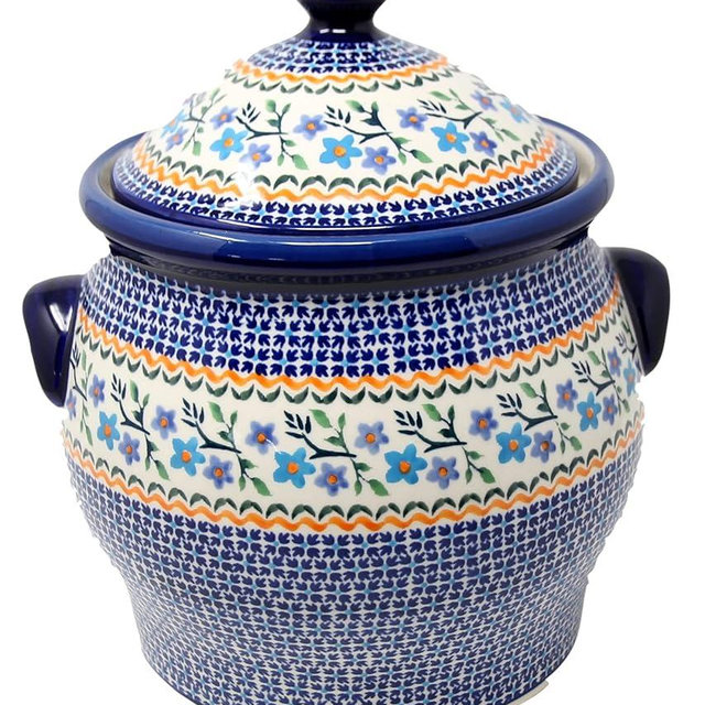 Polish Pottery Market Large 6 Quart Cookie Jar/Canister in Blue Blossom Design by Zaklady Boleslawiec Poland - 10.75” tall, 6” Opening Diameter - Polish Stoneware Big Cookie Jar