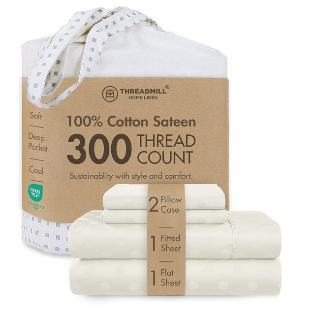 Threadmill 100% Cotton Sheets for King Size Bed | 4 Pc King Bed Sheets Set | Soft, Breathable Lightweight Damask Sateen for All-Season Use | Snug Fit Elastic Deep Pocket King Sheets | Ivory