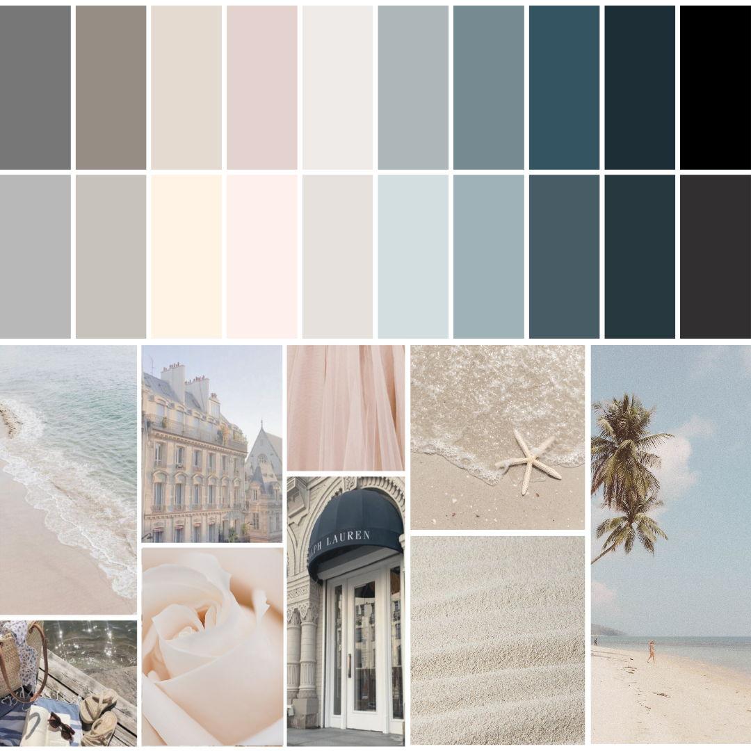 Full color palette: Soft coastal tones for our “Oceanside Beach Sunset” theme - champagne, blush, beige, blues, greys, charcoal, and black to complement our lush green venue backdrop.