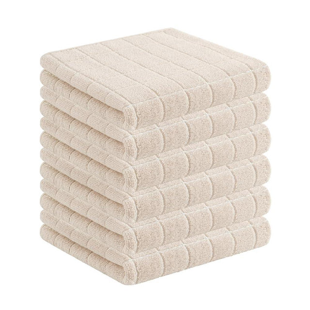 Homaxy 100% Cotton Terry Kitchen Towels(Beige, 13 x 28 inches), Checkered Designed, Soft and Super Absorbent Dish Towels, 6 Pack