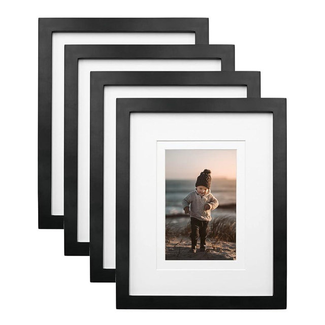 KINLINK 8x10 Picture Frames Black, Wood Frames with Acrylic Plexiglass for Pictures 4x6/5x7 with Mat or 8x10 without Mat, Tabletop and Wall Mounting Display, Set of 4