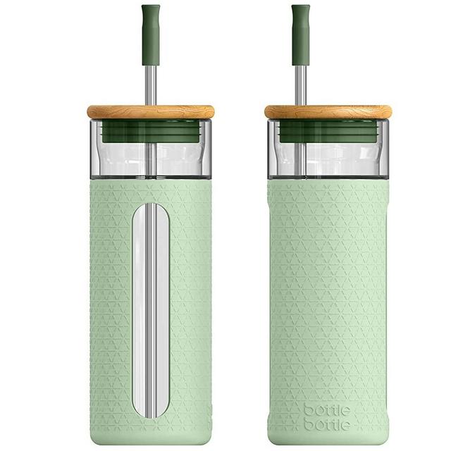 BOTTLE BOTTLE Glass Tumbler with Straw and Bamboo Lid, 20 oz Double Wall Glass Water Bottle, Reusable Iced Coffee Cup, Smoothie Cup, Wide Mouth Glass Cup with Silicone Sleeve, BPA FREE (green)
