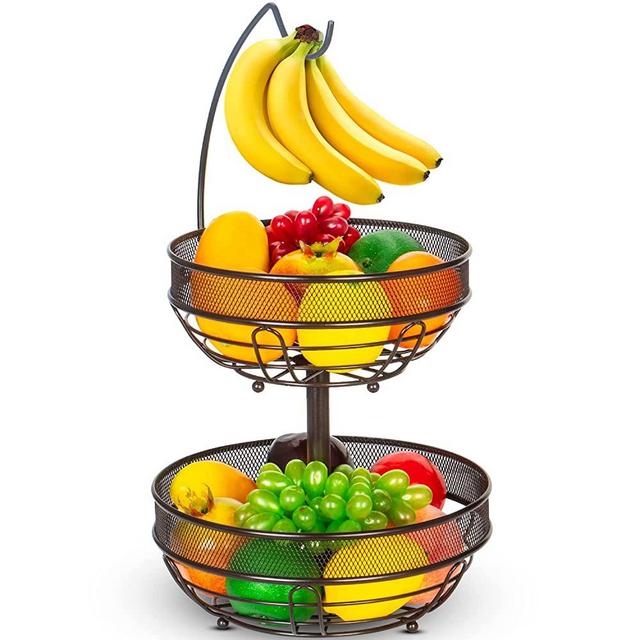 Fruit Basket, Auledio Fruit Bowl 2 Tier Fruit Basket for Kitchen, Fruit Bowl for Kitchen Counter, Detachable Fruit Holder with Banana Hanger