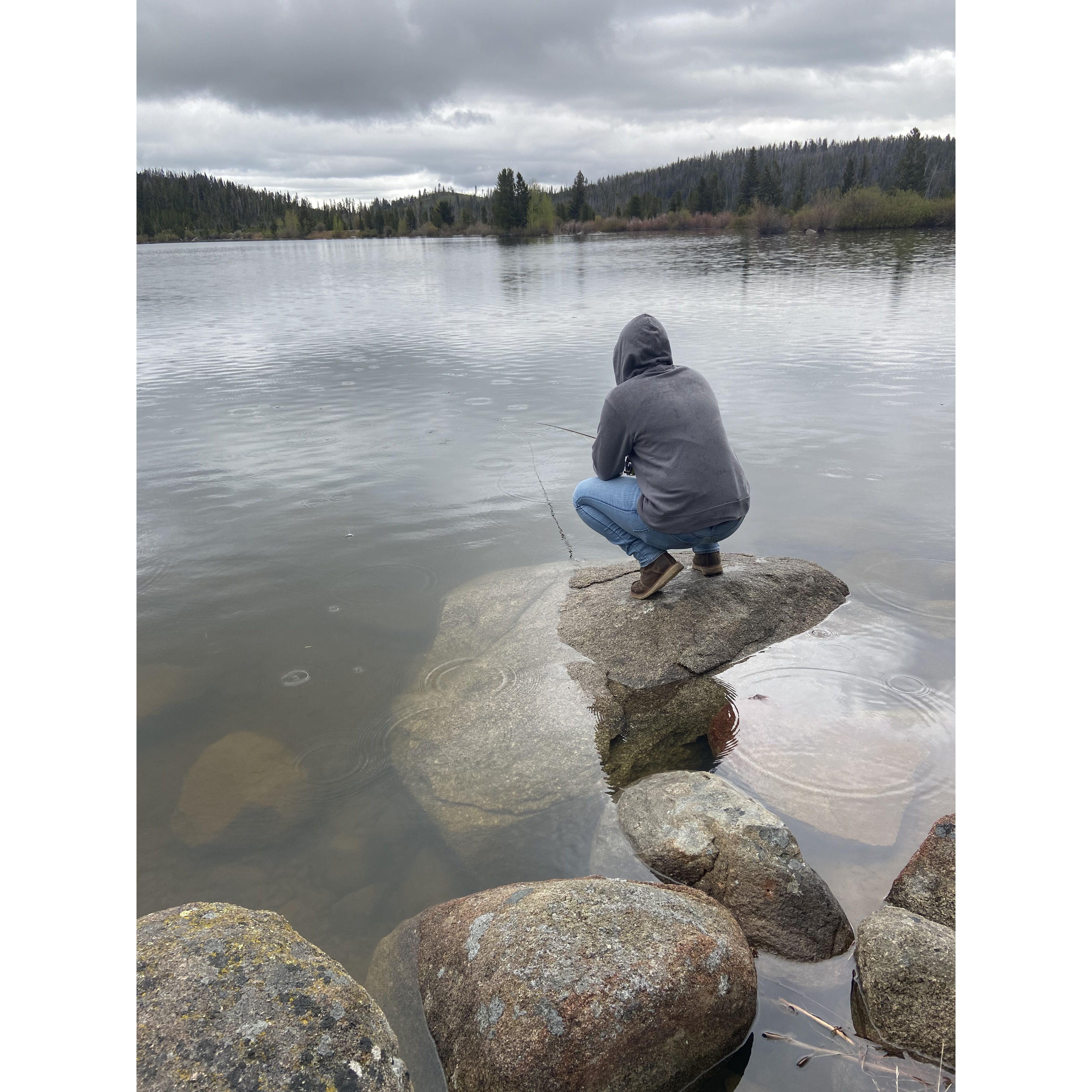 Our first date was a day trip up to Park Lake. Megan fishes and Emily enjoys sitting outside rain or shine.