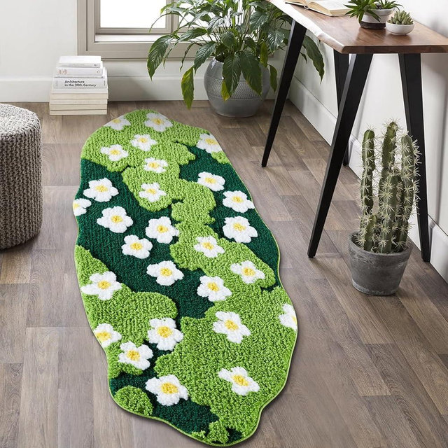 Ouyattle Cute Green Floral Bathroom Runner Rugs Extra Long Bath Mat 24''W x 60''L Non Slip Washable, Modern Chic Boho Aesthetic Trendy Funky Moss Throw Runner Rugs for Kitchen Bedroom Entryway