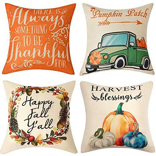 Anickal Set of 4 Thanksgiving Pillow Covers Harvest Blessings Pumpkin Patch Fall Autumn Farmhouse Decorative Throw Pillow Covers 18x18 Inch for Sofa Couch Decor