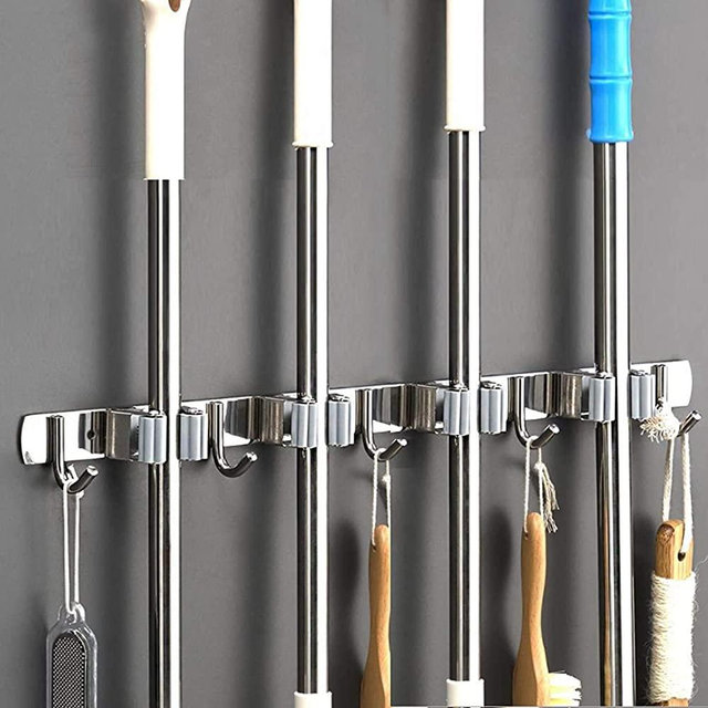 Saxhorn Broom Mop Holder, Stainless Steel Wall Mounted Storage Organizer Tool for Kitchen, Garage, Garden, Landry, Bathroom Organization and storage (4 Racks 5 Hooks)