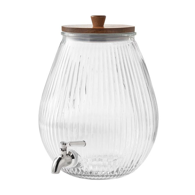 CNEIESD 2 Gallons Ribbed Glass Beverage Dispenser with Wood Lid, Clear Cold Drink Server