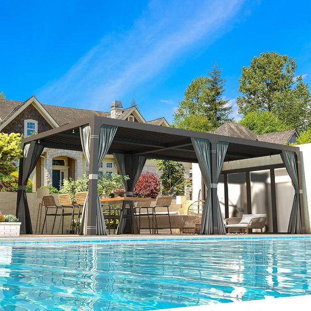 EROMMY 10x20FT Louvered Pergola Outdoor Sun Shade Shelter with Aluminum Frame and Adjustable Metal Rainproof Roof for Garden & Patio, Curtains and Netting Included, Gray-Black