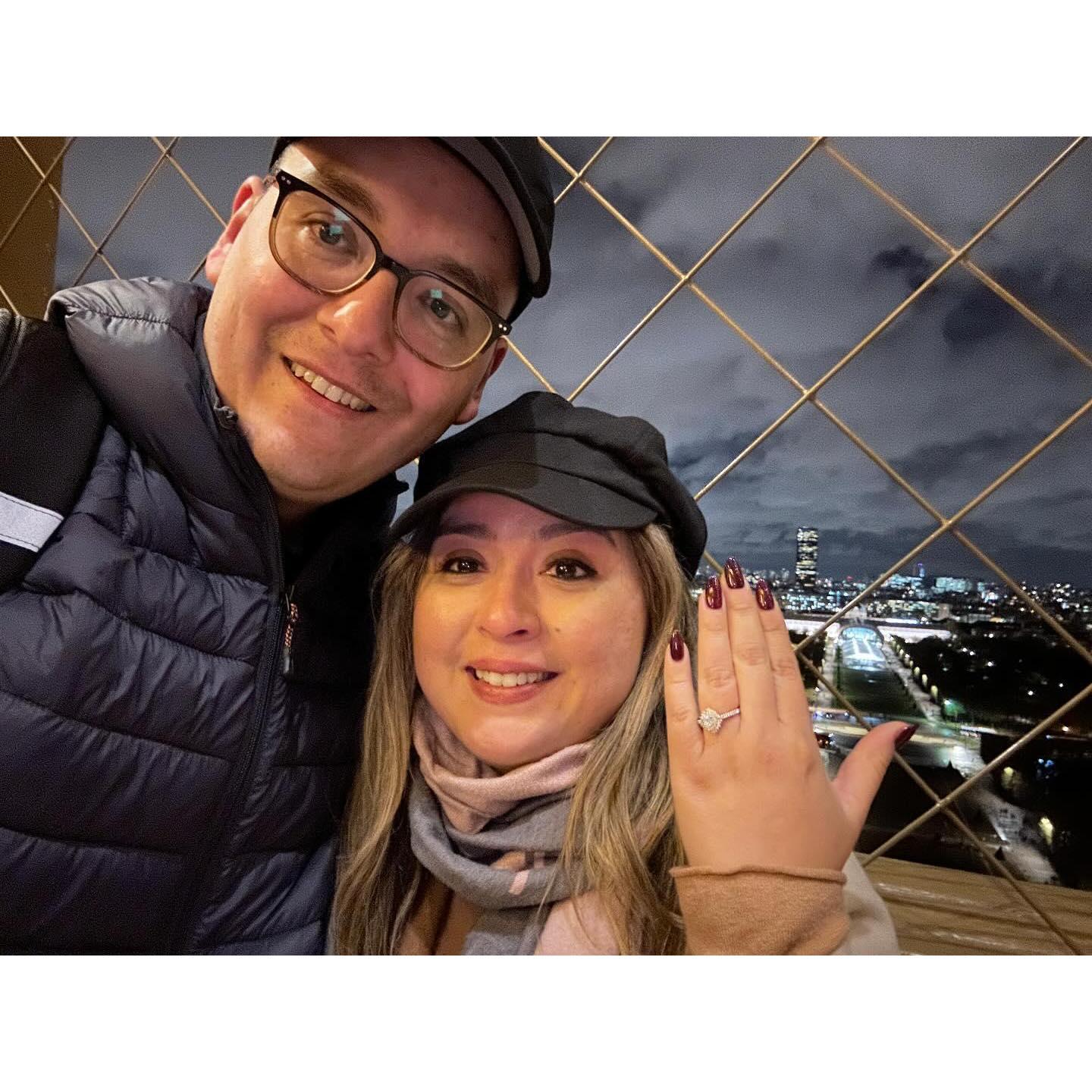 Moments after I said "Yes!" on the Eiffel Tower in Paris, France.